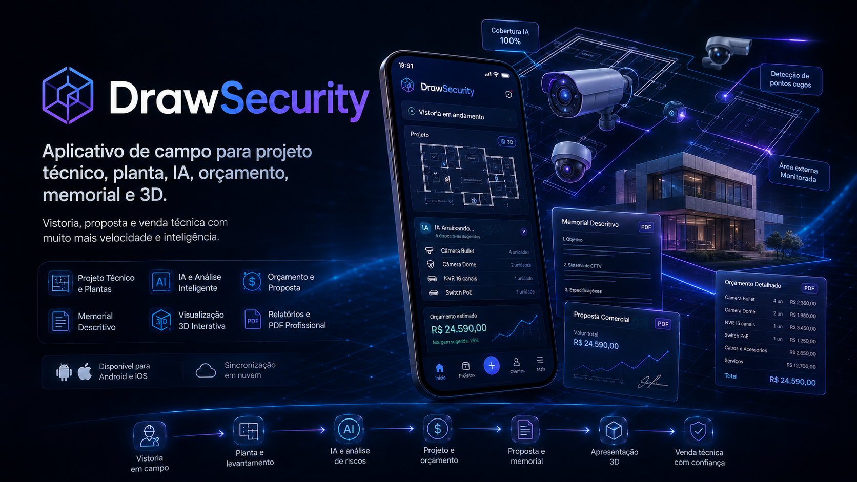 DrawSecurity com aplicativo mobile, planta técnica, câmeras, orçamento, memorial, proposta e visualização 3D